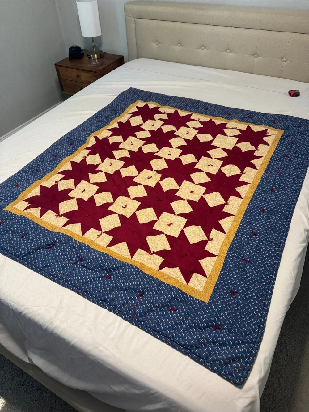 Handmade Star Patchwork Quilt - Burgundy, Cream, Mustard & Blue